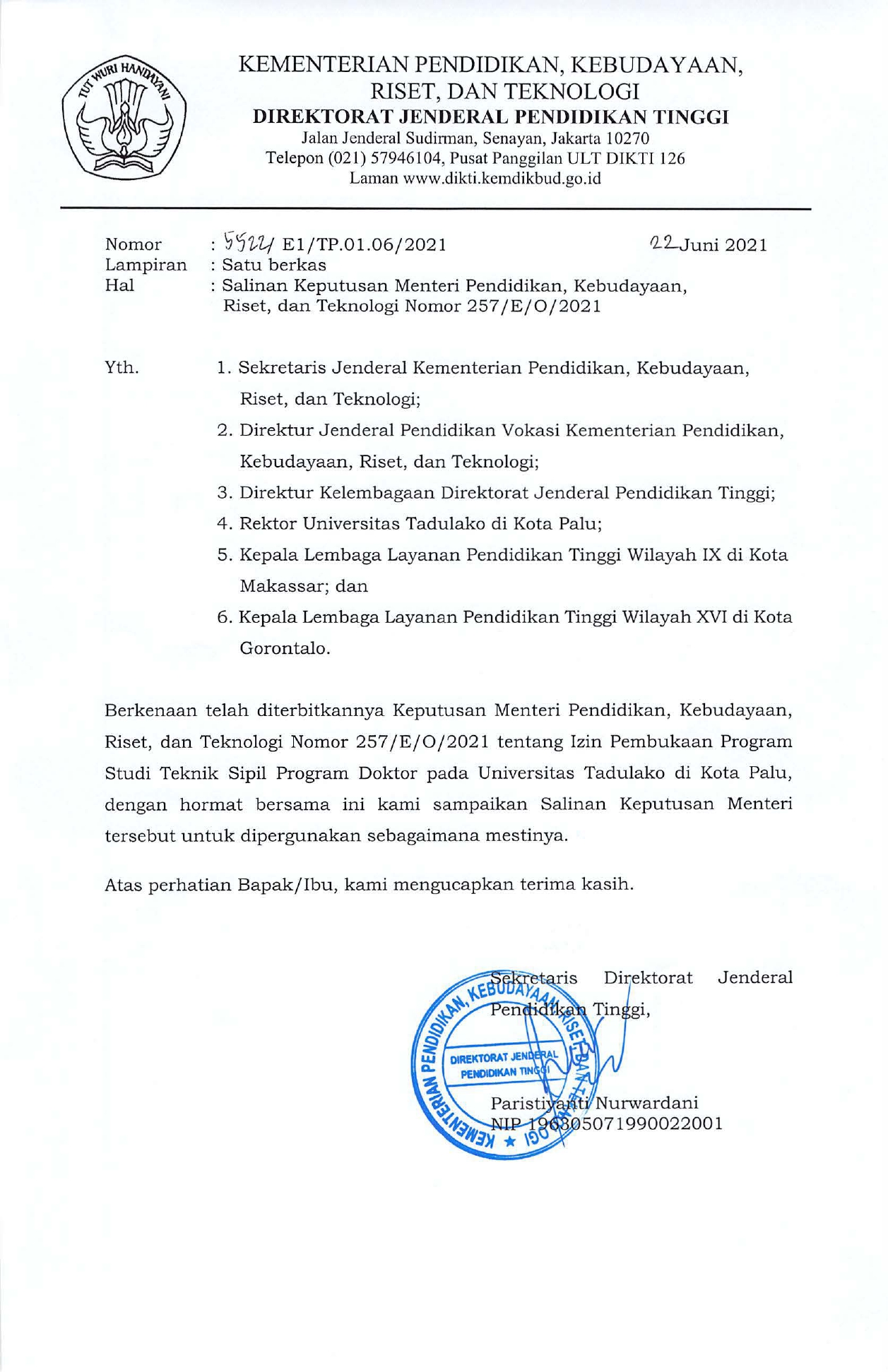 7.1. KEPMENDIKBUDRISTEK NO 257_E_O_2021 UNIV TADULAKO, 18 Juni 2021_page-0001